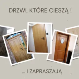 Kompozycja zdjęć różnych modeli drzwi: rustykalne drzwi z ciemnego drewna z krzyżowym wzorem, klasyczne drzwi wejściowe z ceglaną ościeżnicą, nowoczesne drzwi w odcieniu jasnego dębu z czarną...