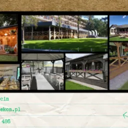 Kolaż zdjęć zrealizowanych projektów w Barcinie: altany z oświetleniem, tarasy drewniane przy budynkach i domach, oraz wnętrze z drewnianym stołem i krzesłami przygotowane na uroczystość.