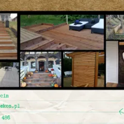 Kompozycja zdjęć prezentująca realizacje firmy: schody drewniane prowadzące do domu z przeszkloną fasadą, taras z meblami wypoczynkowymi, taras nad wodą, schody wejściowe z dekoracjami dyniowymi...