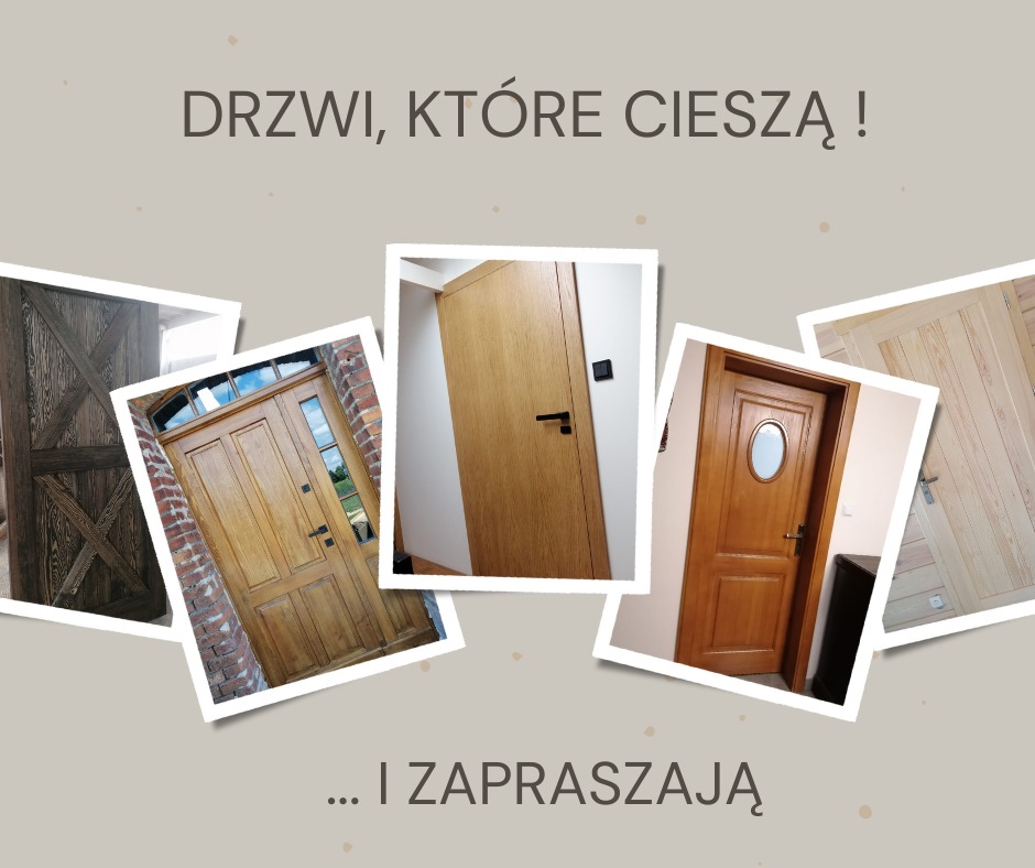 Kompozycja zdjęć różnych modeli drzwi: rustykalne drzwi z ciemnego drewna z krzyżowym wzorem, klasyczne drzwi wejściowe z ceglaną ościeżnicą, nowoczesne drzwi w odcieniu jasnego dębu z czarną...