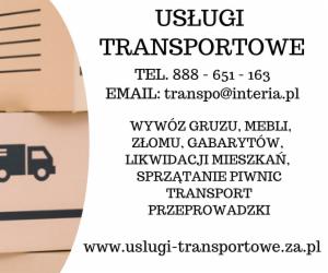 Reklama usług transportowych: wywóz gruzu, mebli, złomu, likwidacje mieszkań, sprzątanie piwnic, transport, przeprowadzki, z adresem strony internetowej, numerem telefonu i adresem email, na tle...