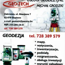 Wizytówka firmy geodezyjnej z adresem, numerem telefonu i listą usług: mapy, wytyczenia, inwentaryzacje, podziały, rozgraniczenia, obsługa inwestycji, warunki zabudowy.