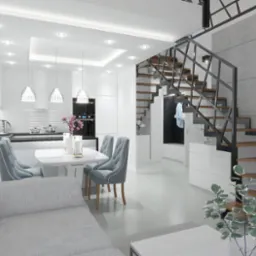 Nowoczesne wnętrze mieszkania: biała kuchnia z wyspą, szare krzesła tapicerowane, minimalistyczne schody z drewnianymi stopniami i metalową konstrukcją, szara ściana z betonowych płyt, oświetlenie...