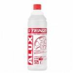 Butelka środka czyszczącego ALUX z czerwoną nakrętką i etykietą z grafiką felgi samochodowej, na białym tle.