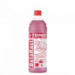 Butelka płynu BETORAST marki TENZI z czerwoną nakrętką i etykietą z ilustracją czyszczonej powierzchni betonowej.