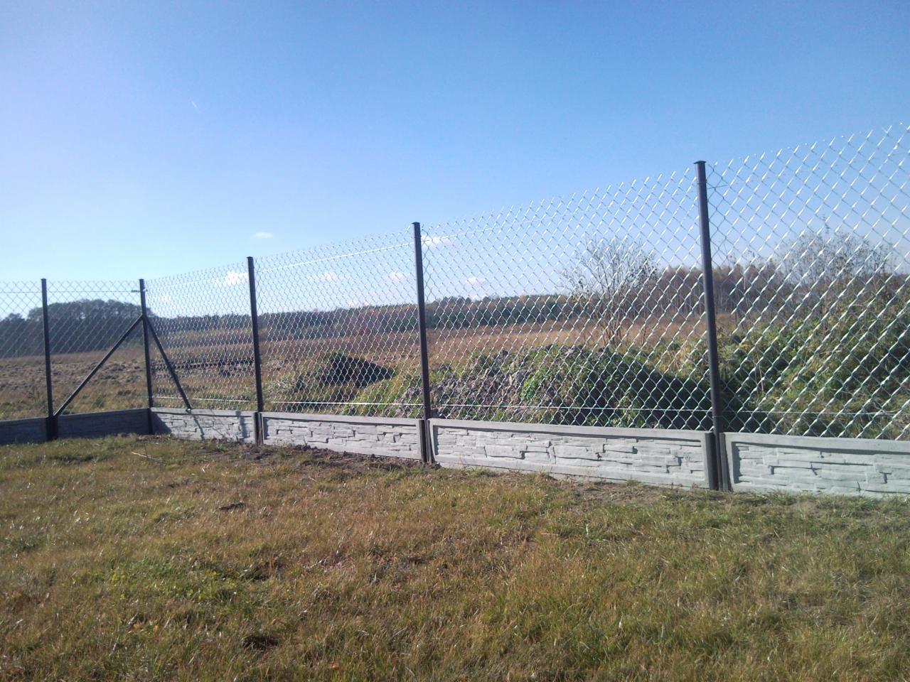 Nowoczesne ogrodzenie z siatki i betonowej podmurówki, widoczne na tle zieleni i błękitnego nieba. Słupki metalowe, równomiernie rozmieszczone.