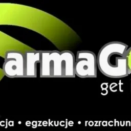 Logo firmy ArmaGet z symbolem euro w kolorze limonkowym, hasłem 'get it easy' i słowami 'windykacja, egzekucje, rozrachunki, finanse' na czarnym tle.