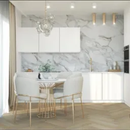 Jasna kuchnia z marmurowym backsplash'em i okrągłym stołem otoczonym krzesłami z metalowymi nogami, widok na parkiet ułożony w jodełkę.