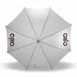 Biały, automatyczny parasol z drewnianym trzonem i rączką, widok z góry. Na dwóch przeciwległych brytach czarny nadruk graficzny.