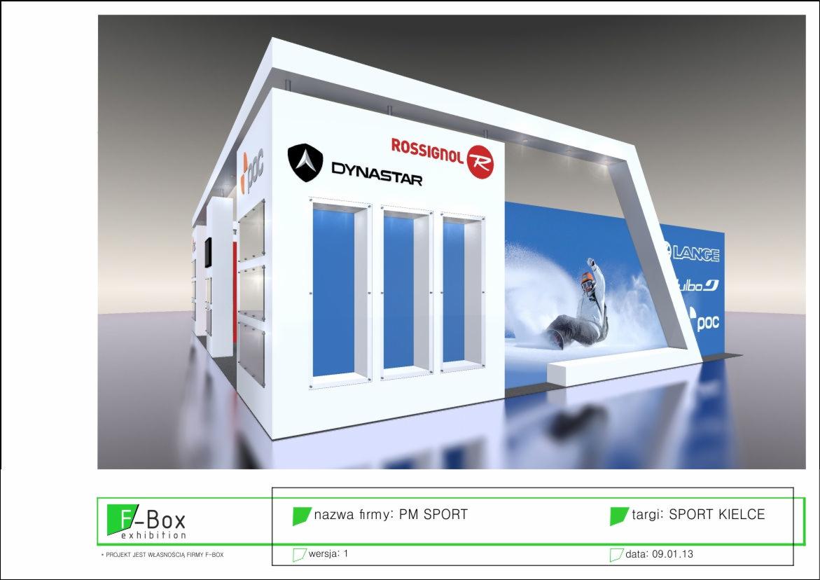 Wizualizacja stoiska targowego z logo Rossignol i Dynastar, z trzema wnękami i grafiką przedstawiającą narciarza w akcji.