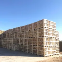 Duża sterta skrzyń wypełnionych pociętym drewnem ułożonych na paletach, widoczna z zewnątrz, na tle błękitnego nieba i częściowo zadaszonej przestrzeni składowej.