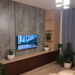Nowoczesna ściana TV z szarą okładziną imitującą beton, drewnianymi szafkami i półkami. Telewizor zawieszony na ścianie, rośliny doniczkowe dodają przytulności.