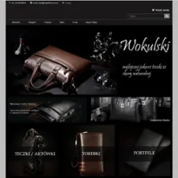 Elegancki layout strony internetowej z brązową torbą skórzaną marki Wokulski na pierwszym planie. Męska galanteria skórzana w ciemnej tonacji.