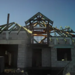 Surowy stan domu murowanego w trakcie budowy, widoczne białe bloczki, drewniana konstrukcja dachu i niezabudowane otwory okienne, z przodu widoczny sprzęt budowlany i przyczepa kempingowa w tle.