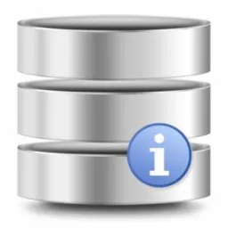 Ilustracja trójwarstwowej bazy danych z niebieską ikoną informacyjną z literą 'i' w prawym dolnym rogu.