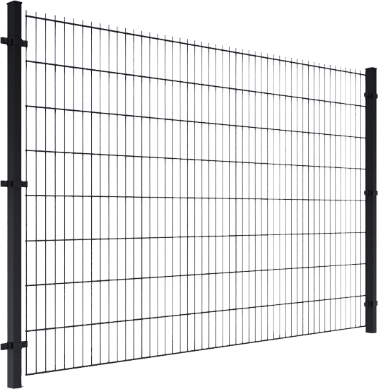 Panel ogrodzenia przemysłowego z pionowymi, metalowymi lamelami o nieregularnym kształcie, zamocowany do czarnych słupków za pomocą metalowych uchwytów.