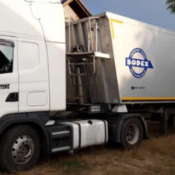 Biała ciężarówka Scania z naczepą Bodex, z widocznym logo firmy transportowej 'Skorpion' i numerem telefonu, zaparkowana na trawiastym terenie.