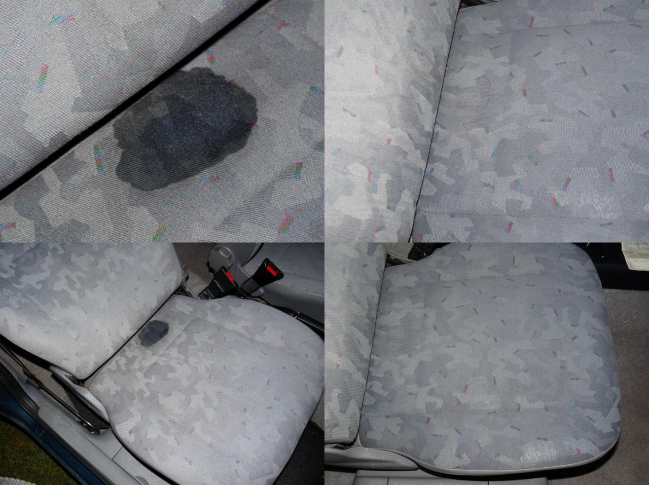 Tapicerka samochodowa przed i po czyszczeniu: widoczne plamy usunięte z szarej tkaniny w geometryczny wzór. Detal wnętrza auta, pasy bezpieczeństwa.