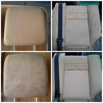 Tapicerka samochodowa w beżowym odcieniu: widok przed i po czyszczeniu. Zagłówek i fragment siedzenia z pasem bezpieczeństwa ukazują różnicę w odświeżonym wyglądzie.