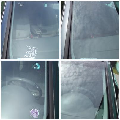 Kolaż: szyba samochodowa przed i po czyszczeniu. Widoczne zacieki i brud na górnym zdjęciu, a czysta powierzchnia na dolnym.