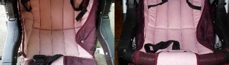 Przed i po: Fotel tapicerowany w odcieniach różu i bordo, po prawej stronie widoczny efekt czyszczenia tapicerki, z wyraźną różnicą w kolorze i czystości.