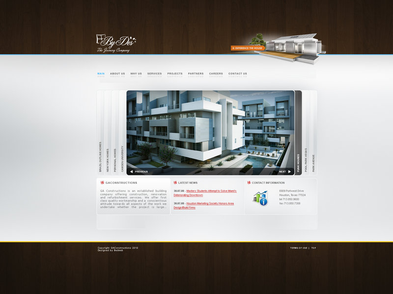 Zrzut ekranu strony internetowej Bedweb.pl prezentujący projekt nowoczesnego budynku mieszkalnego z basenem, widoczny suwak z listą projektów i nawigacja strony.