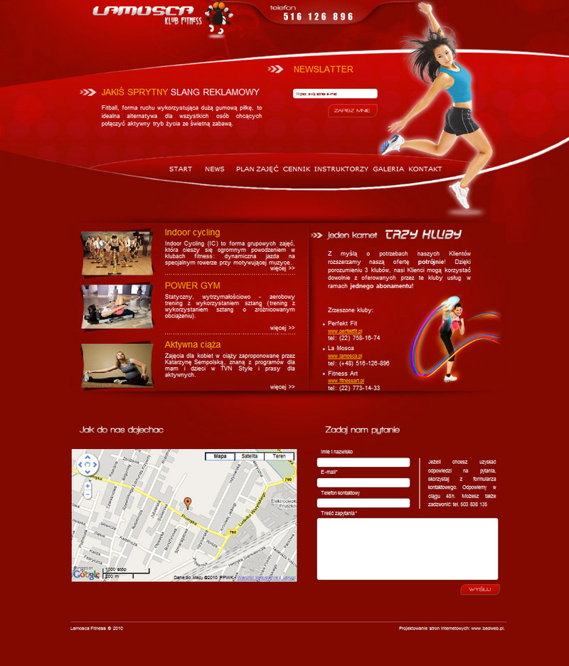 Strona internetowa klubu fitness Lamosca, z elementami graficznymi, informacjami o zajęciach, formularzem kontaktowym i mapą dojazdu.