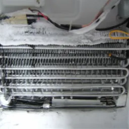 Wnętrze zamrażarki z widocznym, oblodzonym radiatorem i przewodami elektrycznymi, ukazujące problem nadmiernego nagromadzenia lodu.