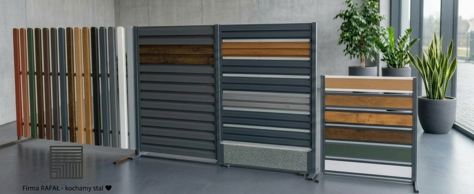 Ekspozycja wzorów wypełnień ogrodzeniowych: pionowe panele w różnych kolorach i fakturach, od drewnopodobnych po gładkie, w neutralnym wnętrzu z roślinami doniczkowymi.