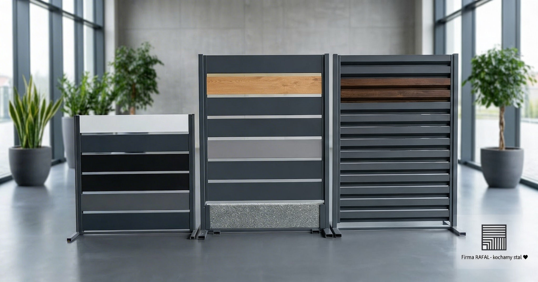 Nowoczesne panele ogrodzeniowe z różnymi wypełnieniami (drewno, kamień, kolor) prezentowane w Imielinie. Minimalistyczny design, szare ramy, rośliny w tle.