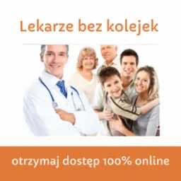 Uśmiechnięty lekarz w białym kitlu ze stetoskopem na tle wielopokoleniowej rodziny, promujący dostęp do lekarzy online.