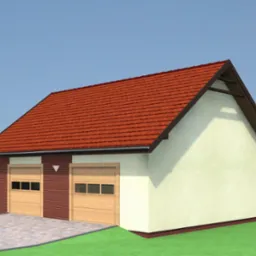Wizualizacja 3D typowego garażu dwustanowiskowego z czerwoną dachówką, ceglaną elewacją części frontowej i dwoma drewnianymi bramami segmentowymi.