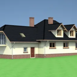 Wizualizacja typowego projektu domu jednorodzinnego z poddaszem użytkowym, balkonem i dwoma kominami, prezentowana w ujęciu z poziomu trawnika.