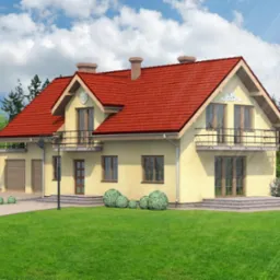 Wizualizacja typowego domu jednorodzinnego z czerwonym dachem, beżową elewacją, balkonami z metalowymi balustradami i garażem, otoczonego zielonym trawnikiem i krzewami.