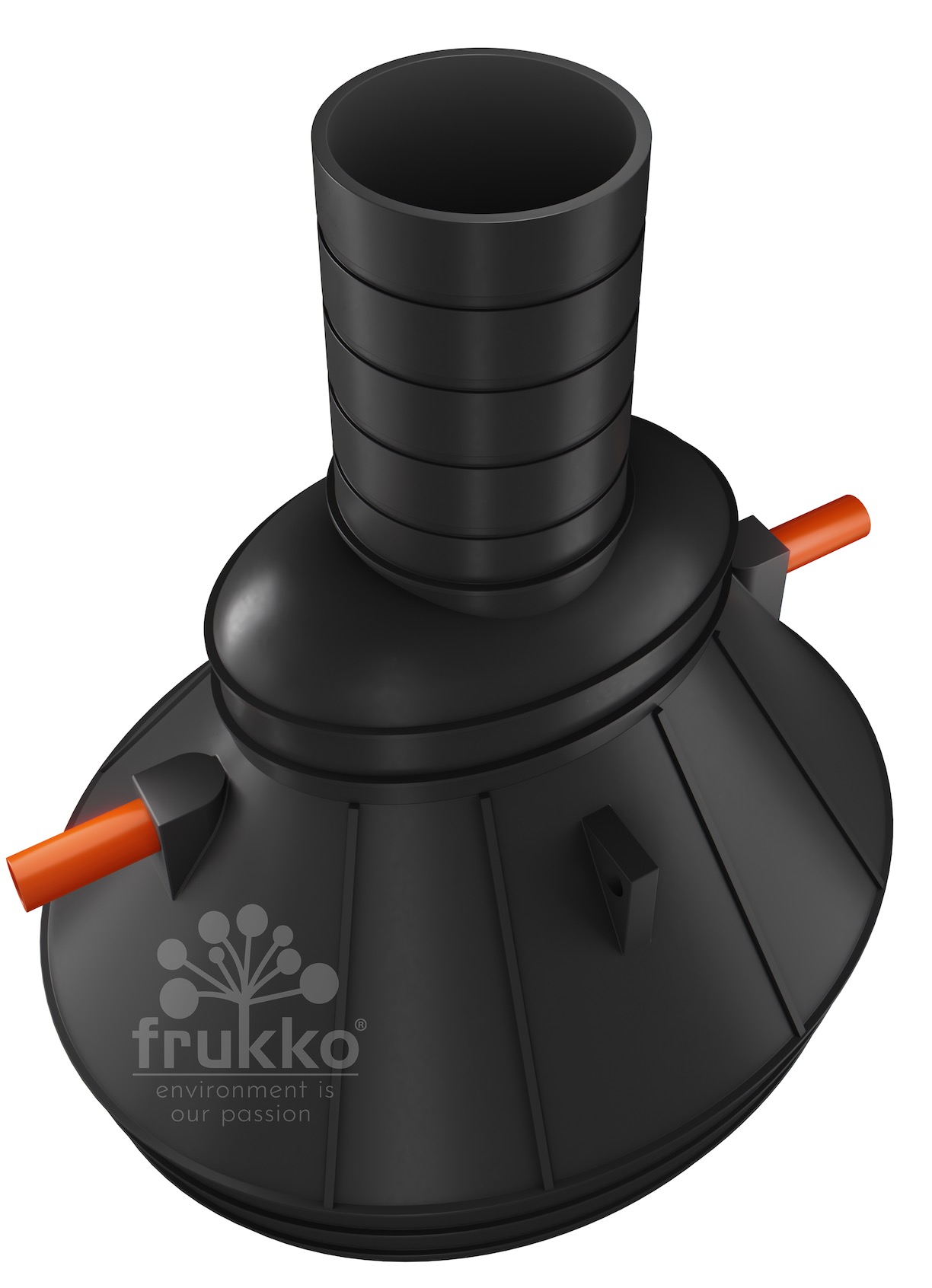 Czarny zbiornik oczyszczalni ścieków z pomarańczowymi rurami, widok z góry, prezentacja modelu NEO z regulowaną nadstawką teleskopową i logo producenta.