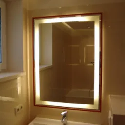 Nowoczesna łazienka z podświetlanym lustrem LED w ramie, biała umywalka i chromowana bateria, widoczne gniazdka elektryczne i fragment wanny w odbiciu lustra.