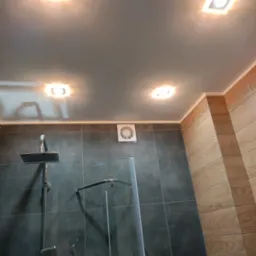 Nowoczesna łazienka z szarymi płytkami ściennymi, drewnopodobnymi płytkami na jednej ścianie, szklaną kabiną prysznicową typu walk-in, deszczownicą, czterema kwadratowymi lampami sufitowymi...