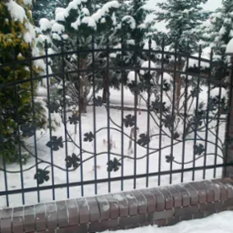 Kute ogrodzenie z motywem liści winogron, osadzone na ceglanym murku, zimowy krajobraz w tle, drzewa pokryte śniegiem.