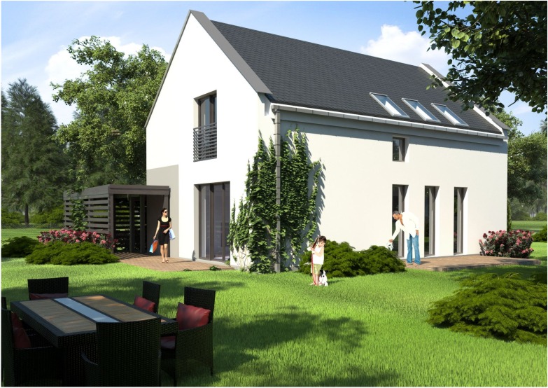 Wizualizacja nowoczesnego domu z białymi ścianami i ciemnym dachem, z zewnątrz porośniętego bluszczem, z widocznym tarasem i ogrodem, na którym stoi stół z krzesłami. W tle kobieta z torbami...