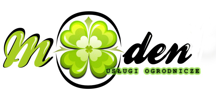Logo firmy 'Moden Usługi Ogrodnicze' z czterolistną koniczyną w okręgu