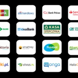 Zestawienie logo różnych instytucji finansowych i bankowych na czarnym tle, prezentujące szeroki wybór usług finansowych.
