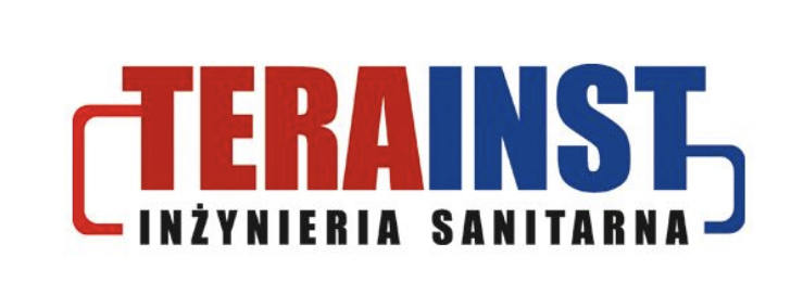 Logo firmy TERAINST Inżynieria Sanitarna z czerwonym i niebieskim napisem na białym tle.