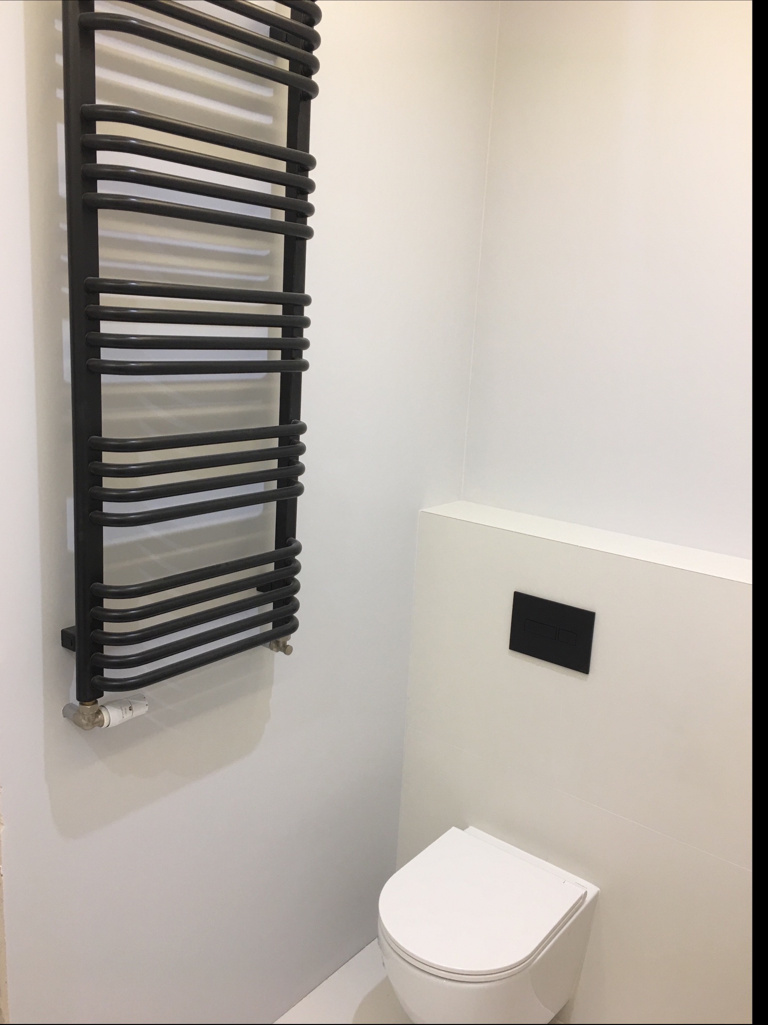 Minimalistyczna łazienka z wiszącą toaletą, czarnym przyciskiem spłukiwania i czarnym grzejnikiem drabinkowym na białych ścianach.