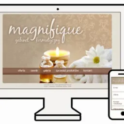 Responsywny design strony 'Magnifique gabinet kosmetyczny' na monitorze i smartfonie. Ciepła kolorystyka, świeca, kwiat, olejki eteryczne i menu nawigacyjne.