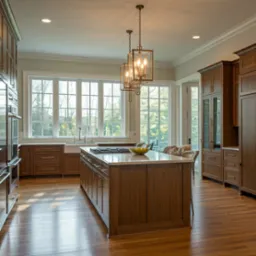 Jasna kuchnia z drewnianymi szafkami, wyspą z blatem z jasnego kamienia i podwójną lampą wiszącą w stylu industrialnym; duże okna z widokiem na zieleń za nimi.