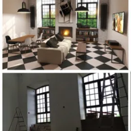 Zdjęcie 'przed i po' przedstawiające remont pokoju: surowy stan z drabiną i ukończone wnętrze z meblami, szachownicą na podłodze i kominkiem.