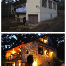 Dom przed i po renowacji: od surowego budynku z balkonem do kamiennej willi z oświetleniem zewnętrznym. Widoczne zmiany w elewacji i otoczeniu.