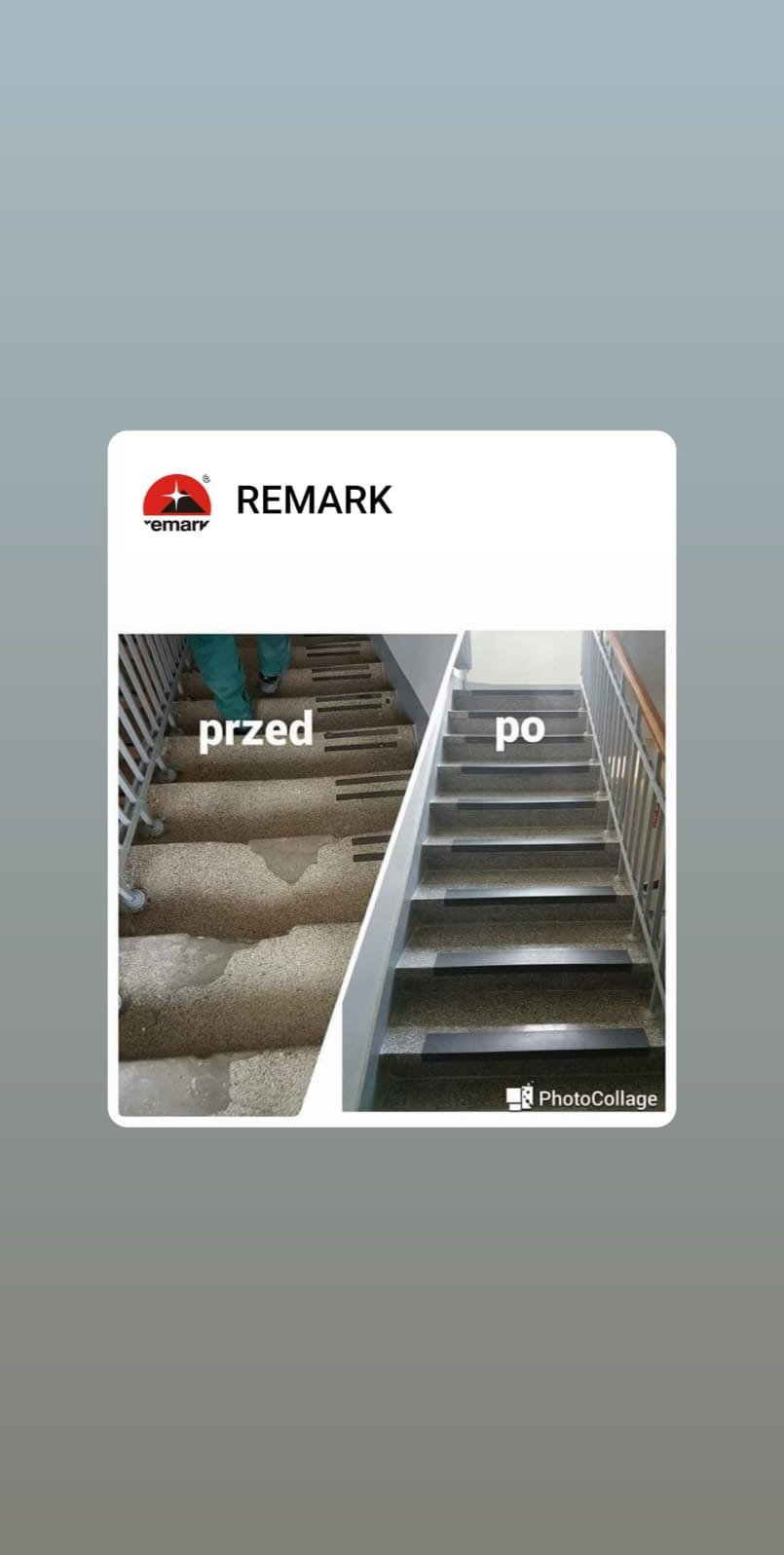 Schody w budynku przed i po remoncie, widoczne uszkodzenia i efekt odnowienia. Porównanie stanu 'przed' z ubytkami i 'po' z nową, gładką powierzchnią.