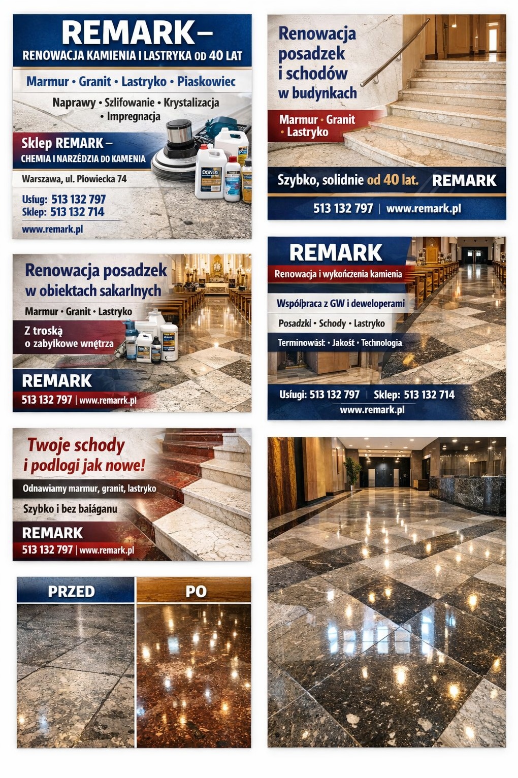 Kompozycja reklamowa firmy REMARK: renowacja kamienia i lastryka, posadzki w obiektach sakralnych, schody marmurowe przed i po renowacji, chemia do kamienia.