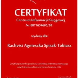 Certyfikat Centrum Informacji Księgowej nr 8871634663/20 wydany dla Rachvist Agnieszki Spisak-Tobiasz z datą wydania 20.08.2020 r., potwierdzający pozytywną weryfikację podmiotu wykonującego usługi...